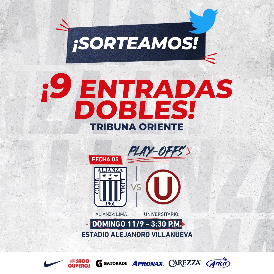 AlianzaLimaFF's tweet photo. ¡Sorteo blanquiazul!🔵⚽️🎟

Premiamos a nuestra hinchada fiel con 9️⃣ entradas dobles para el partido frente a Universitario. 🥳

Pasos: 

1️⃣ Seguir la cuenta.
2️⃣ RT a la publicación.

Compra aquí tus entradas ➡️ https://t.co/laBRpTJIKH

#LlenemosMatute https://t.co/MjI9PqU3lF