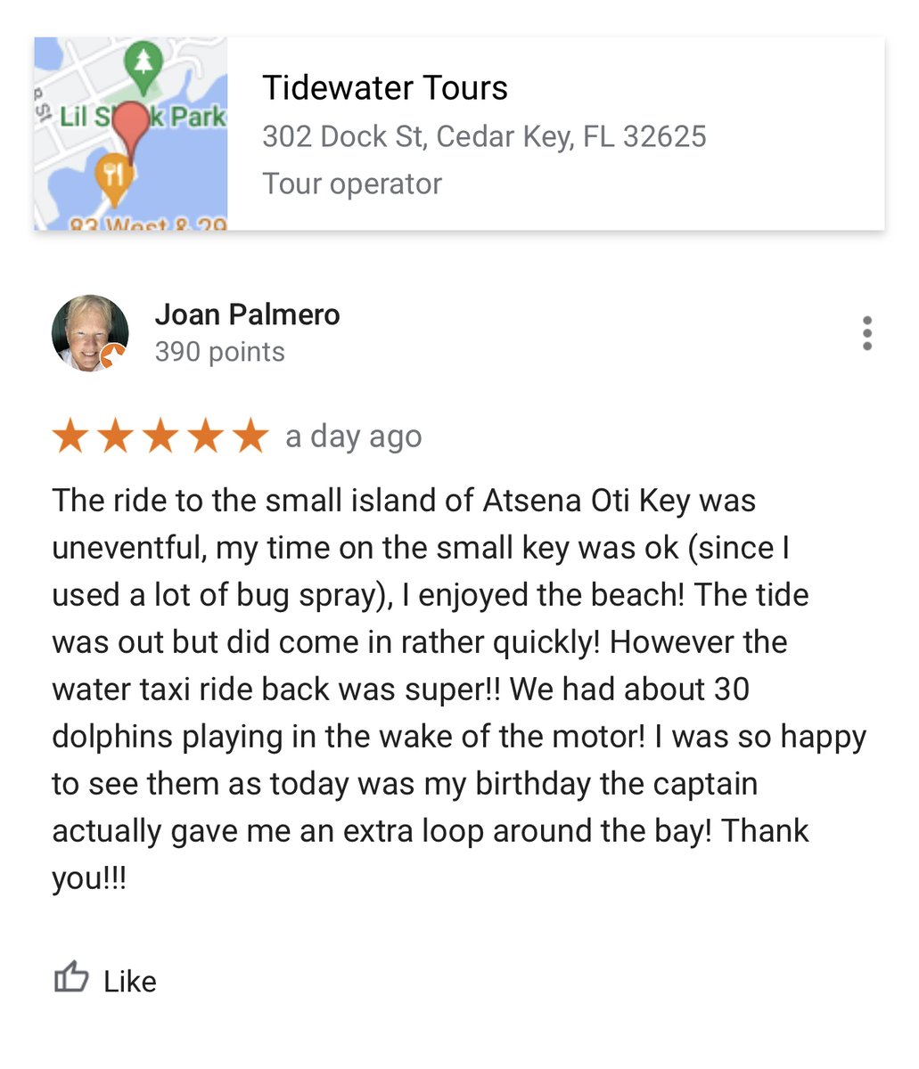 tidewatertours's tweet photo. ⭐️ ⭐️⭐️⭐️⭐️
“… the water taxi ride back was super!! We had about 30 dolphins playing in the wake of the motor! I was so happy to see them as today was my birthday the captain actually gave me an extra loop around the bay! Thank you!!!”
Joan Palmero https://t.co/Bv4T04yFDn