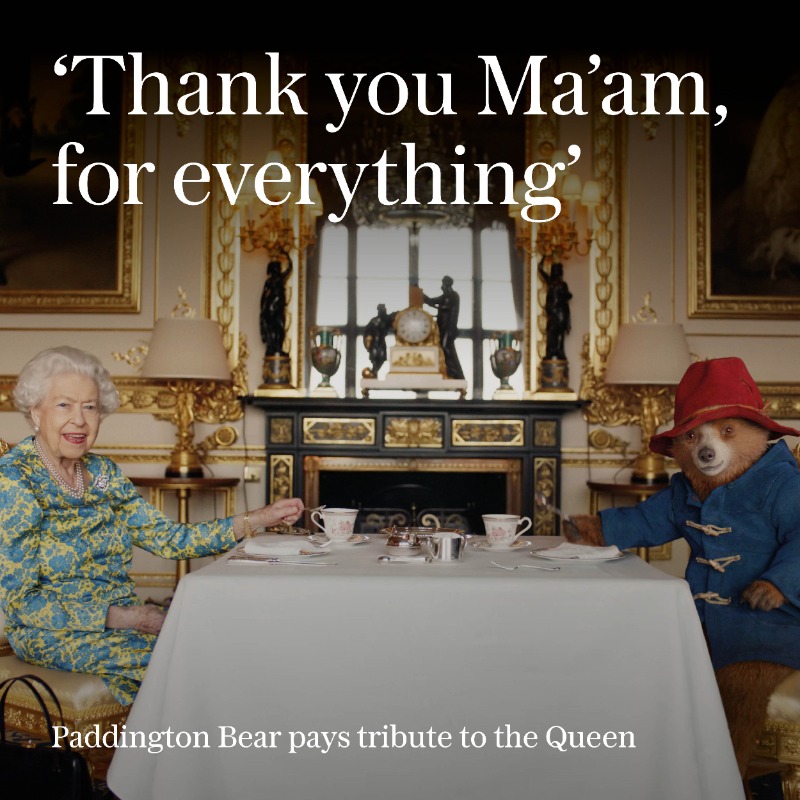Telegraph's tweet photo. The official account of Paddington Bear has tweeted its respects to the Queen.

"Thank you Ma'am, for everything," the account wrote