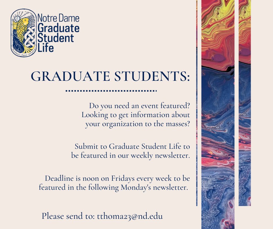 NDGradLife's tweet image. Submit your grad organization events to the GSL newsletter. You can send them to Taylor, tthoma23@nd.edu. 🤗
