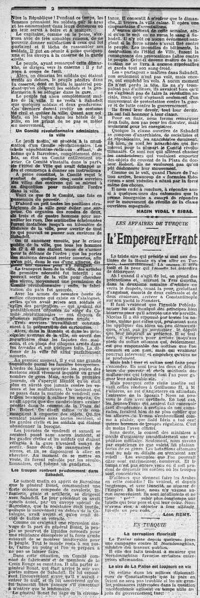 Article de Rossend Vidal Bosch (firmat amb el pseudònim de Magín Ribas) al diari socialista “l’Humanité” del 17 d’agost de 1909, on explica els fets ocorreguts a Sabadell durant la setmana tràgica. Extret de la Biblioteca Nacional de França ‘Gallica’:
gallica.bnf.fr/ark:/12148/bpt…