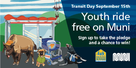 SFSafeRoutes's tweet photo. Transit Day is Thursday, Sept 15, 2022 and schools can celebrate any time that week. Student groups, classes and clubs are encouraged to put together a strategy for encouraging peers to pledge to take Muni to school on Transit Day. #transitdaysf https://t.co/zyPBdF9daM https://t.co/5abtfjg5gg