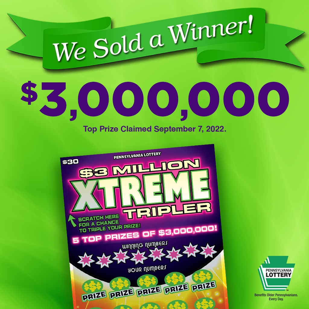 PALottery's tweet photo. A top prize of $3 million was claimed by an “Xtremely” happy player, who won playing a $3 Million Xtreme Tripler Scratch-Off ticket! Congrats to the winner! https://t.co/aYHDyJf9Gz #PALottery #KeepOnScratchin https://t.co/eJtY20GxNN
