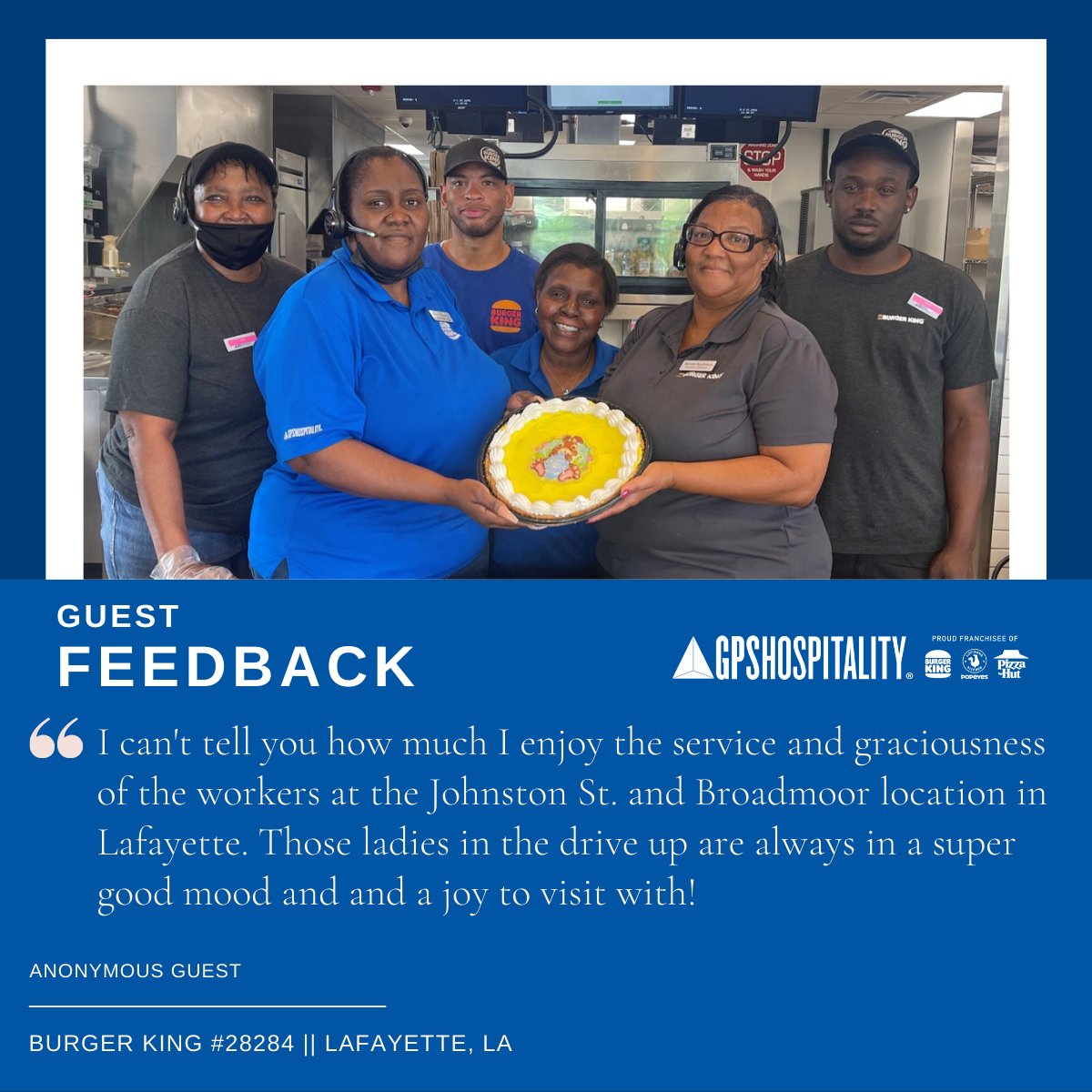gpshospitality's tweet photo. Shoutout to the team from BK #28284 in Lafayette, LA for receiving this positive guest feedback. Your #ServiceObsessed commitment brings smiles to people's faces and makes us #GPSproud. π https://t.co/SDCkCrouch