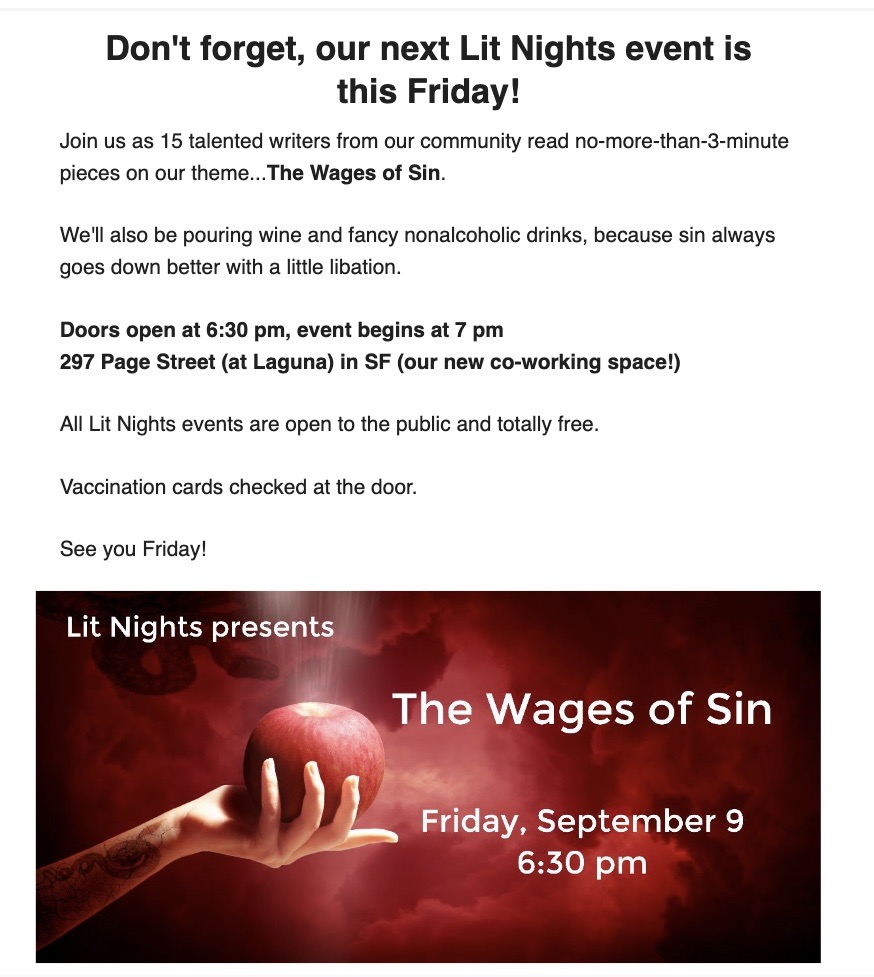 Tomorrow night, I'll read the opening scene of my debut political novel-in-progress in public for the first time, at Lit Nights in SF. Honored that <a href="/litcampwriters/">Lit Camp</a> is giving me this opportunity! Join me &amp; 14 other writers at 6:30pm at 297 Page Street. It's free! See you there.