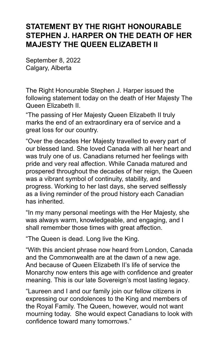 Statement by The Right Honourable Stephen J. Harper on the death of Her Majesty The Queen Elizabeth II.