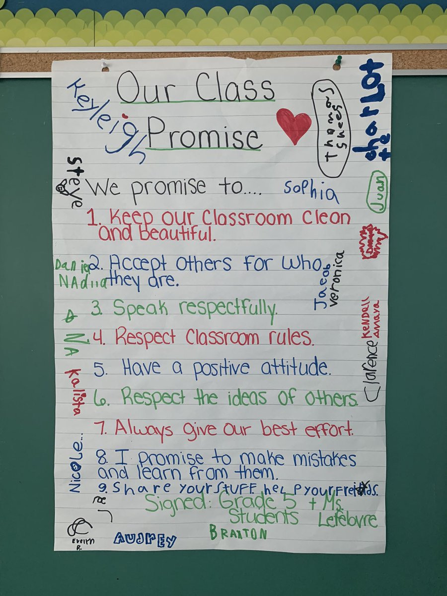 mslefebvre12's tweet photo. Grade 5 students brainstormed ideas of what our classroom should look, sound, and feel like. These were the promises that came from our conversations โฅ๏ธ. #ocsb #classpromise @OLVictoryOCSB https://t.co/wuatd26ELF