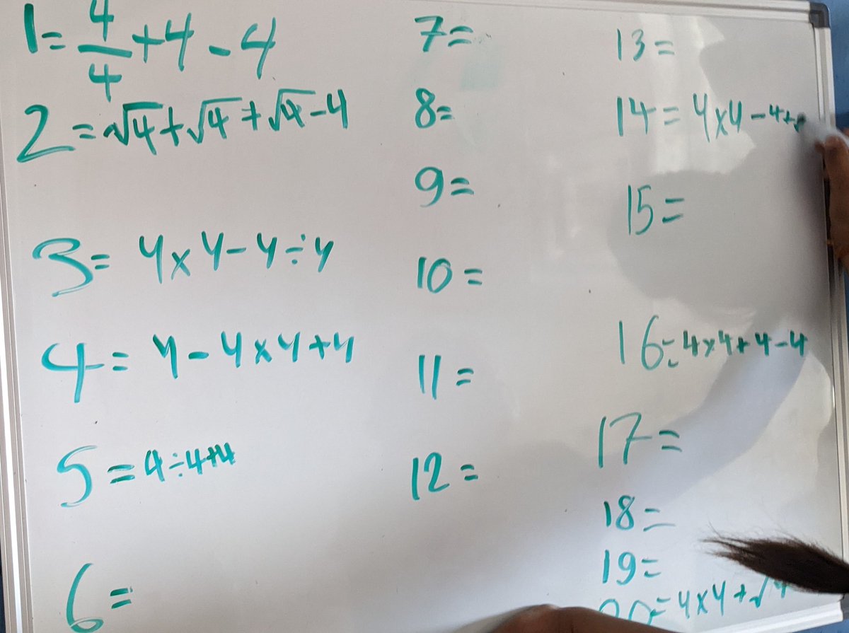 classwithsmith's tweet photo. We did some deep thinking about how you might make each number from 1 to 20 using operators and exactly four 4s.

We haven't got them all yet, but we will.

@joboaler #deepthinkers https://t.co/AEUrfP17TO