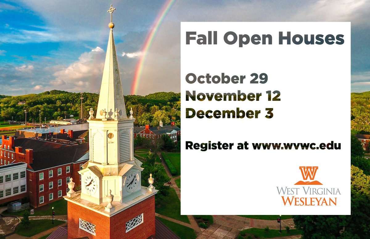 The Office of Admissions invites you to visit for a Fall Open House on Oct. 29, Nov. 12, and Dec. 3rd, 2022. These events include a Wesleyan 101 session, a student organization fair, an academic & student panel, & a student-led tour. Sign up at wvwc.edu/visit-wvwc/