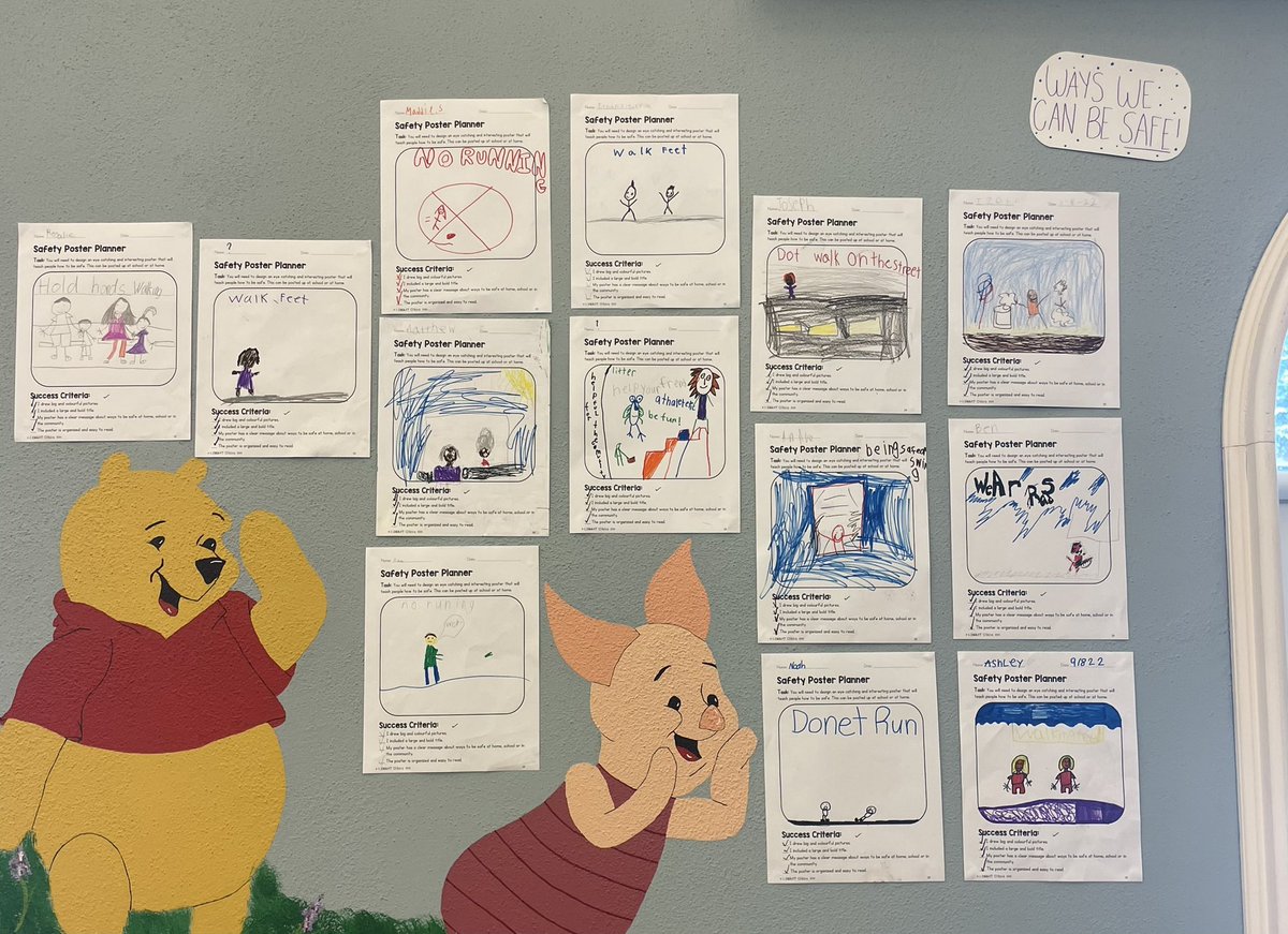 Some of the work we did today! We created posters to teach people how we can be safe in school, at home, and in the community! One of my students drew hers with cub cash if we had walking feet in school!! 🤍💵<a href="/BATigerCubs/">Mr. Cederbaum</a> <a href="/eafinn82/">Ms. Finn</a>