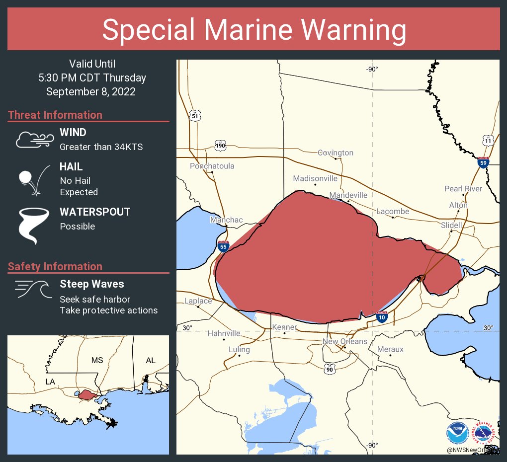 NWSNewOrleans's tweet photo. Special Marine Warning including the Lake Pontchartrain and Lake Maurepas until 5:30 PM CDT https://t.co/wPc5dawK3Y