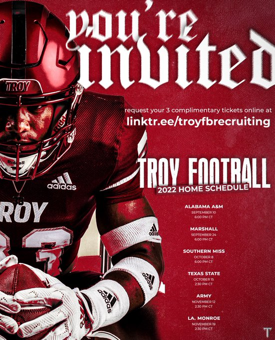 Thanks for the invitation!  Pumped to come watch the home opener this Saturday!! 
<a href="/TroyTrojansFB/">Troy Trojans Football 8x⚔️</a> <a href="/TroyRecruiting/">Troy Football Recruiting ⚔️</a> <a href="/braydenbrez/">Brayden Berezowitz</a>