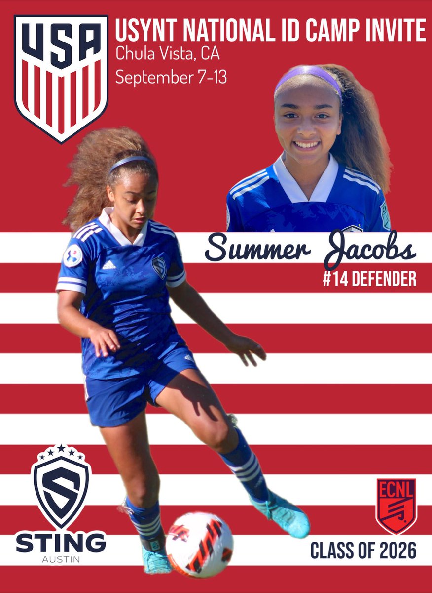 CONGRATS to our #stingmates
MIA WIELE
#11 Defender
SUMMERJACOBS
#14 Defender
They are attending the USYNT
National ID Camp in Chula Vista, CA
this week!
#stingatx08ecnl #stingmates
#stingaustinecnl #wearesting
#braveboldone