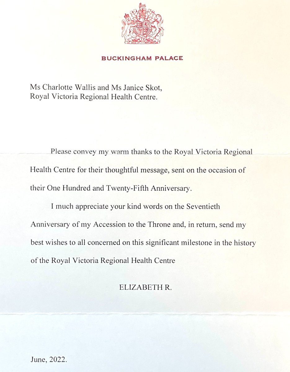 #TEAMRVH mourns the passing of Queen Elizabeth II. As we celebrate #RVH125, we share this recent letter of best wishes we received from her &amp; remember #RVH's connection to the Royal Family. In 1897, Royal Victoria Hospital was named in honour of Queen Victoria's Diamond Jubilee.