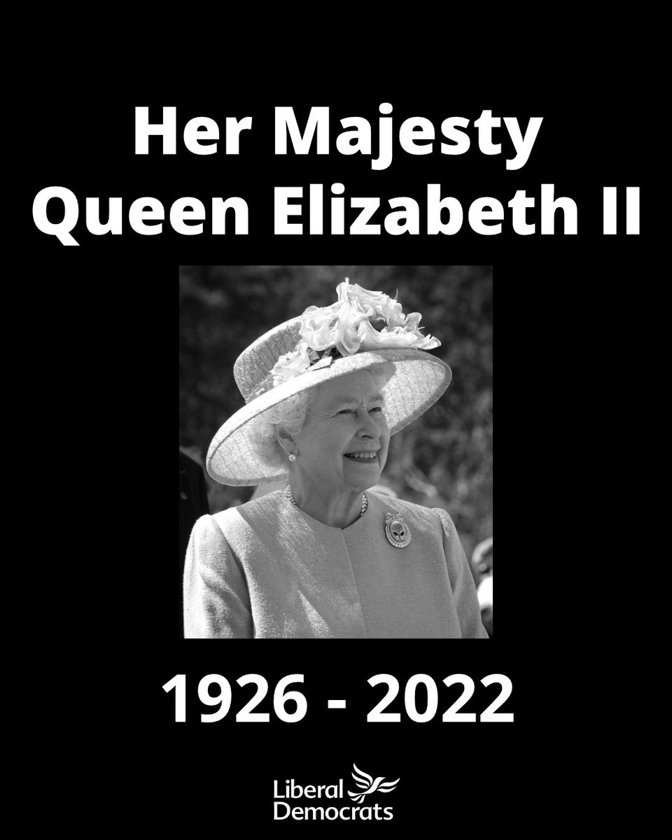 BCPLibDems's tweet photo. We mourn the loss of Her Majesty The Queen, a great monarch who served our country faithfully all her life.

She represented duty and courage, warmth and compassion.

Our thoughts and prayers are with the Royal Family, and everyone whose lives she touched. https://t.co/ybDBCkqZl9