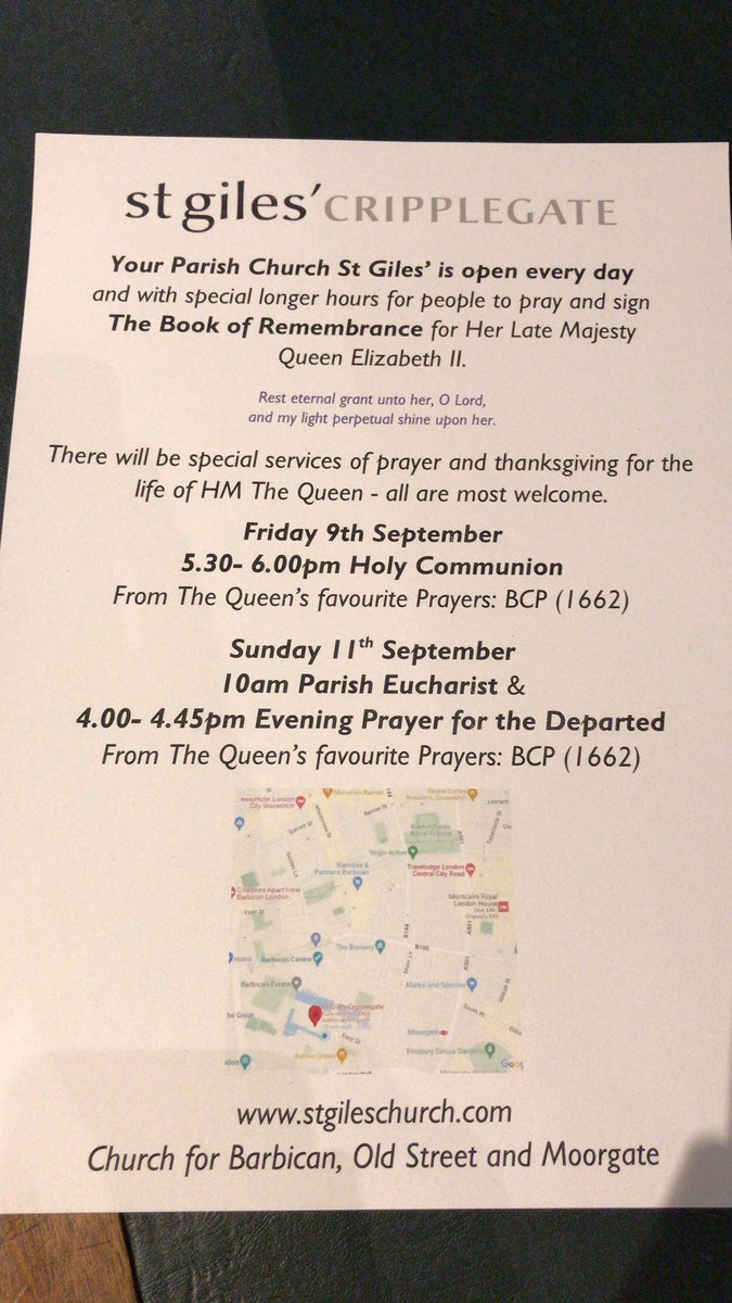 #pray #HMTheQueen #Church for #Barbican #OldStreet & #Moorgate … #allarewelcome #nationalmourning @stgilescg #GodSaveTheKing