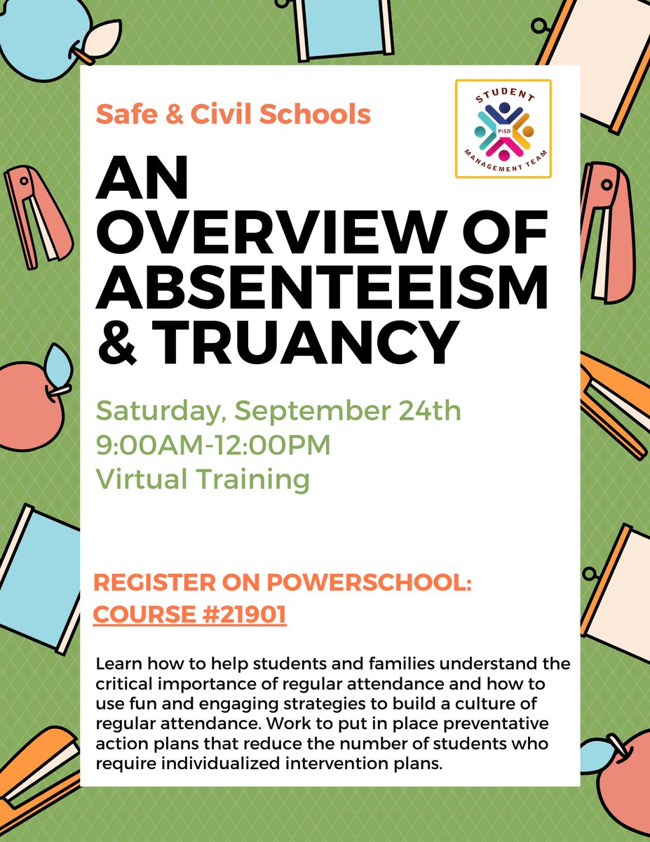 PISD Student Management Team (@pisd_smt) on Twitter photo Come learn with <a href="/SafeAndCivil/">Safe & Civil Schools</a> + earn 3 PD hours as they present 2 sessions about behavior management in the secondary classroom and truancy. Register on PowerSchool today #PISDteachers! #BelievePlanoISD #pisdproud #professionaldevelopment Come learn with <a href="/SafeAndCivil/">Safe & Civil Schools</a> + earn 3 PD hours as they present 2 sessions about behavior management in the secondary classroom and truancy. Register on PowerSchool today #PISDteachers! #BelievePlanoISD #pisdproud #professionaldevelopment