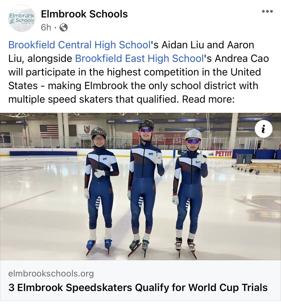 Elmbrook Speedskating Club (@clubelmbrook) on Twitter photo Congratulations Elmbook School District Speedskaters!👏 <a href="/ElmbrookSchools/">Elmbrook Schools</a> <a href="/BCHS_SDE/">Brookfield Central HS 🇺🇸</a> <a href="/BEHS_SDE/">Brookfield East</a> <a href="/USSpeedskating/">US Speedskating</a> <a href="/PettitCenter/">Pettit Center</a> <a href="/HongyangWang13/">Hongyang Wang</a> <a href="/KellyAFeng/">Kelly Feng</a>
elmbrookschools.org/news-details/~… Congratulations Elmbook School District Speedskaters!👏 <a href="/ElmbrookSchools/">Elmbrook Schools</a> <a href="/BCHS_SDE/">Brookfield Central HS 🇺🇸</a> <a href="/BEHS_SDE/">Brookfield East</a> <a href="/USSpeedskating/">US Speedskating</a> <a href="/PettitCenter/">Pettit Center</a> <a href="/HongyangWang13/">Hongyang Wang</a> <a href="/KellyAFeng/">Kelly Feng</a>
elmbrookschools.org/news-details/~…