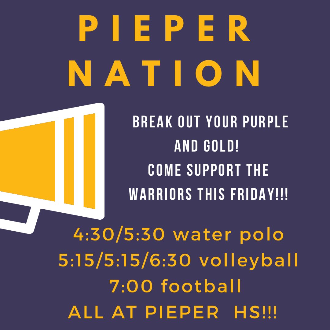 Pieper Warrior Athletics (@pieperwarrior) on Twitter photo Get your spirit gear out and come support your Warriors! <a href="/pieperhsempire/">Pieper High School Athletics Booster Club</a> <a href="/PieperHS/">Pieper High School</a> Get your spirit gear out and come support your Warriors! <a href="/pieperhsempire/">Pieper High School Athletics Booster Club</a> <a href="/PieperHS/">Pieper High School</a>
