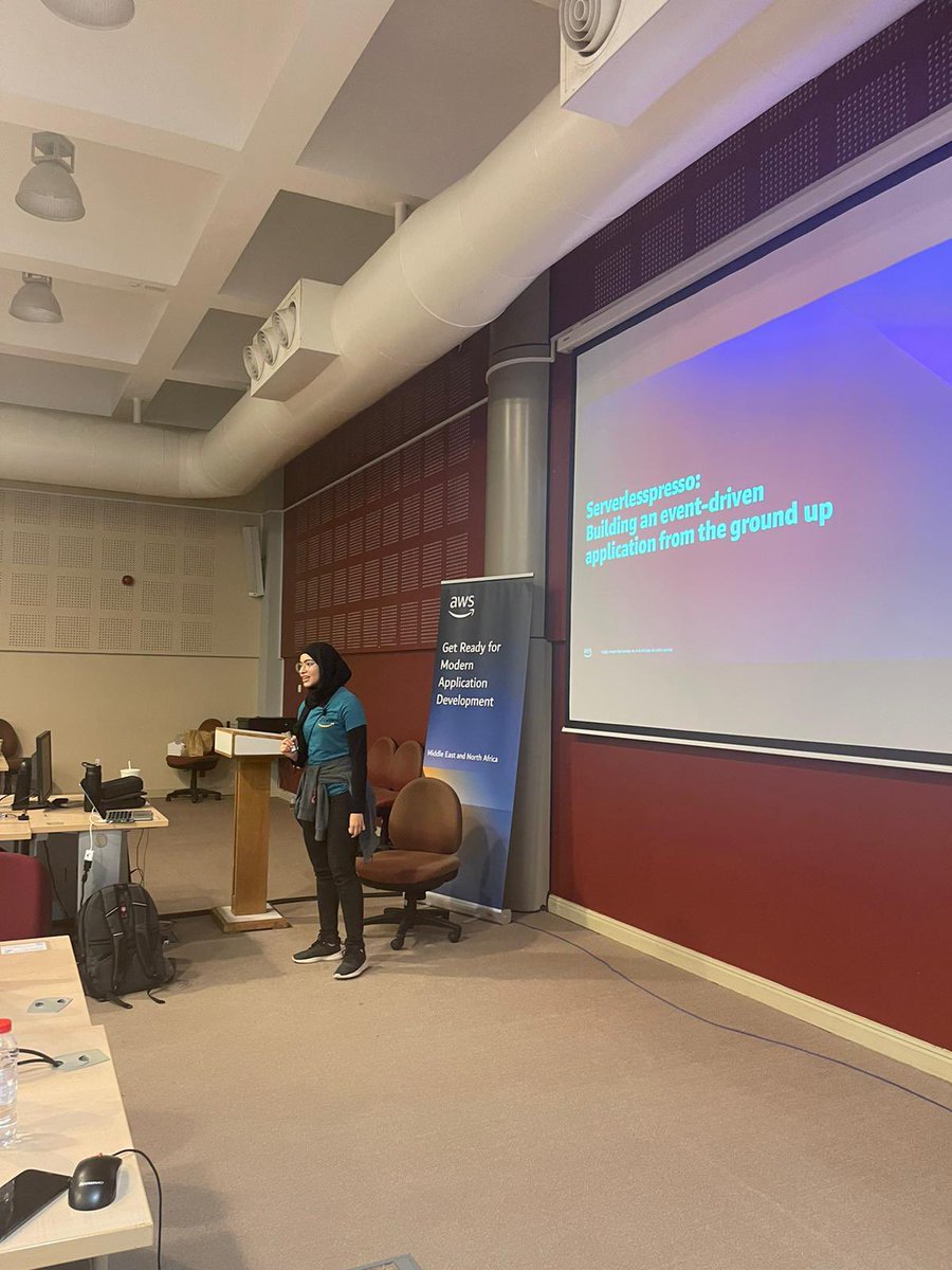 _zainabaws's tweet photo. Absolutely LOVED giving back to my university @uobedubh this morning, kicking off the second round of Serverless Roadshow with @edjgeek and @myoussef5676. 
@benjamin_l_s You’re sorely missed! https://t.co/ttMXgaIm9f