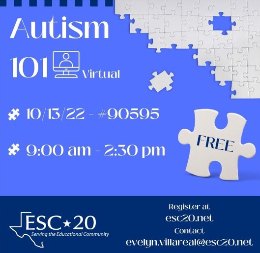 NISDSpecialEd's tweet photo. Join our friends at @ESCRegion20 for their free session on #Autism101 October 13th. https://t.co/LzcvtiXoa4