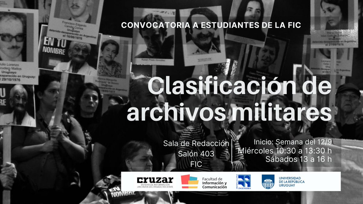 DelCruzar's tweet photo. Nueva convocatoria para estudiantes de la @FicUdelar interesad@s en participar en la clasificación de archivos del pasado reciente,

Quienes cumplan con las tareas recibirán créditos de extensión.

La inscripción cierra el 12/9: https://t.co/fLt5wZRvAt https://t.co/PyidAIUFCE