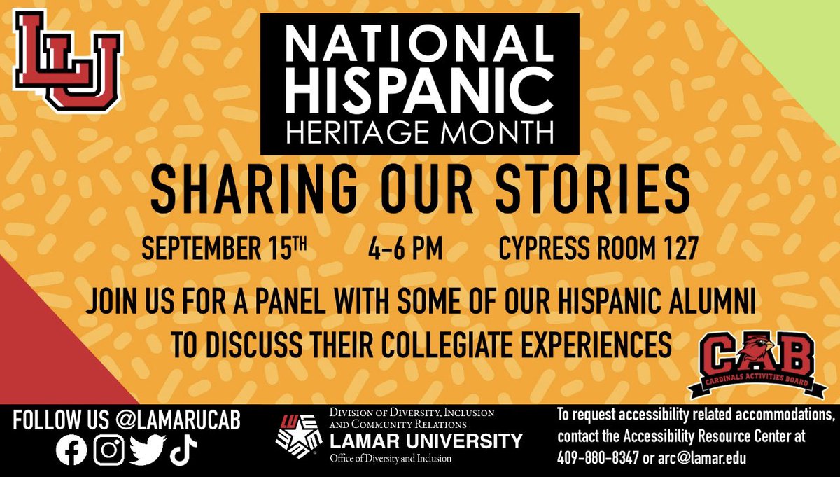 lu_diversityinc's tweet photo. On September 15, 2022 for National Hispanic Heritage Month join us for a panel discussion with some our Hispanic Alumni as they discuss their collegiate experiences!🌎 @LamarUCAB https://t.co/BjJJuTghAT