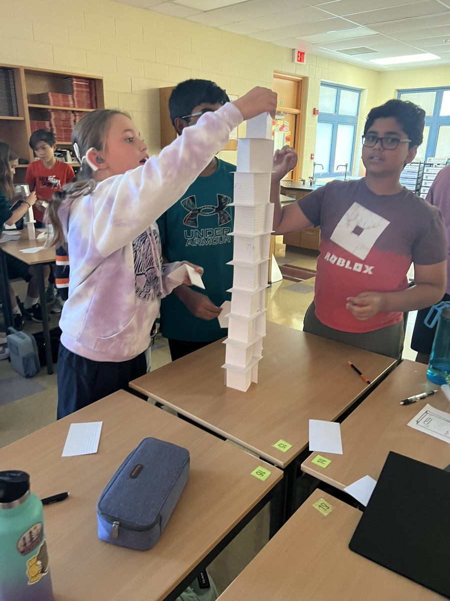 Mrs_Pulsifer's tweet photo. We had a fantastic day today in Rm 508. Students worked together to make a notecard tower. Congrats to 5th hour with the tallest tower at 84.5 cm 🙌🏼🎉 #novipower https://t.co/pgdihuWIT5