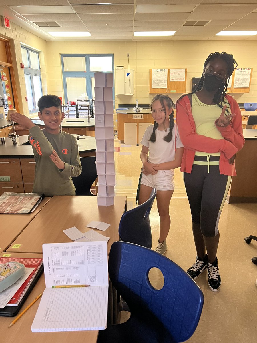 Mrs_Pulsifer's tweet photo. We had a fantastic day today in Rm 508. Students worked together to make a notecard tower. Congrats to 5th hour with the tallest tower at 84.5 cm 🙌🏼🎉 #novipower https://t.co/pgdihuWIT5