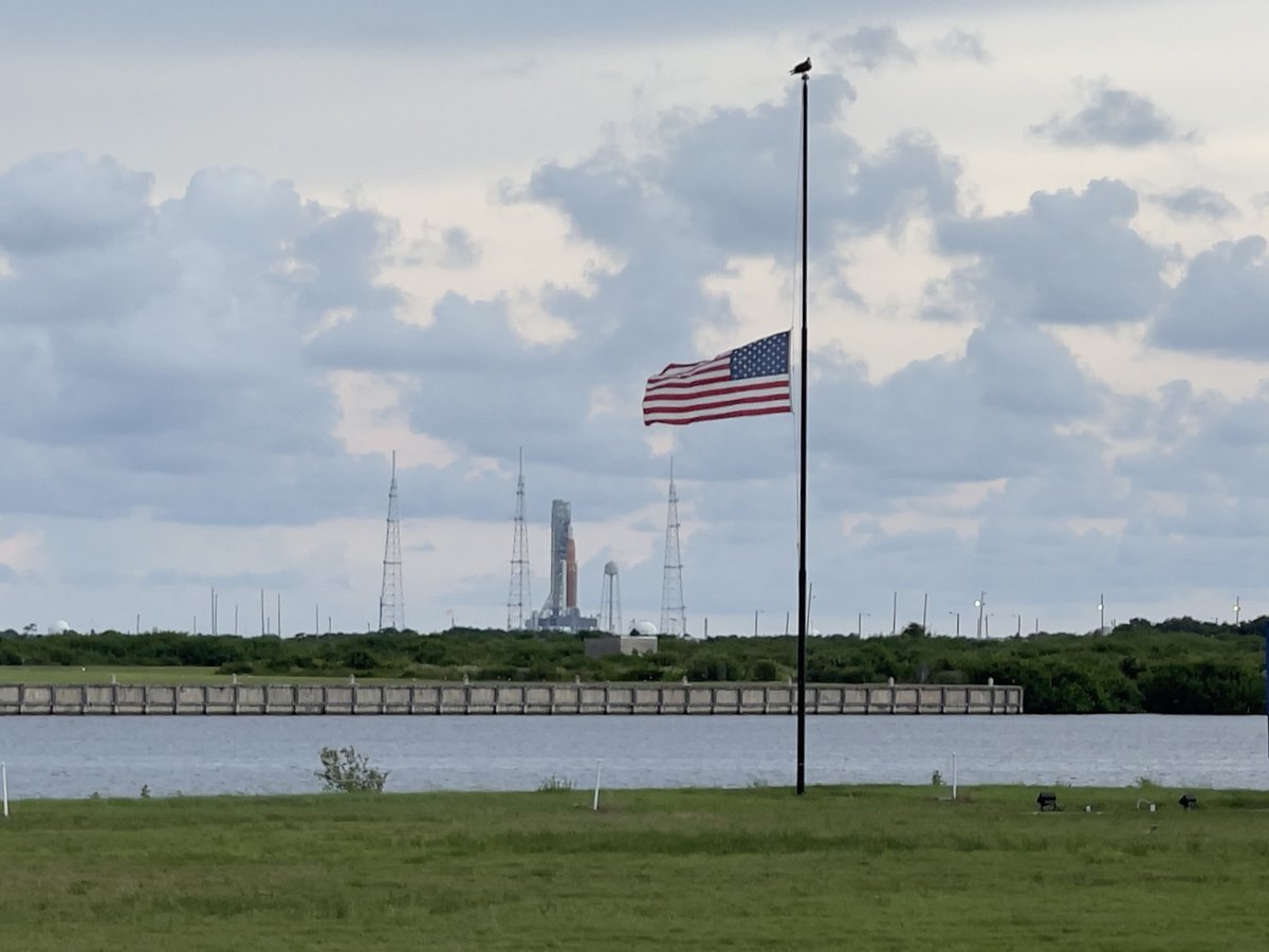 As a mark of respect for the memory of Queen Elizabeth II, the flag at NASA’s Kennedy Space Center Press site has been lowered to half-staff.