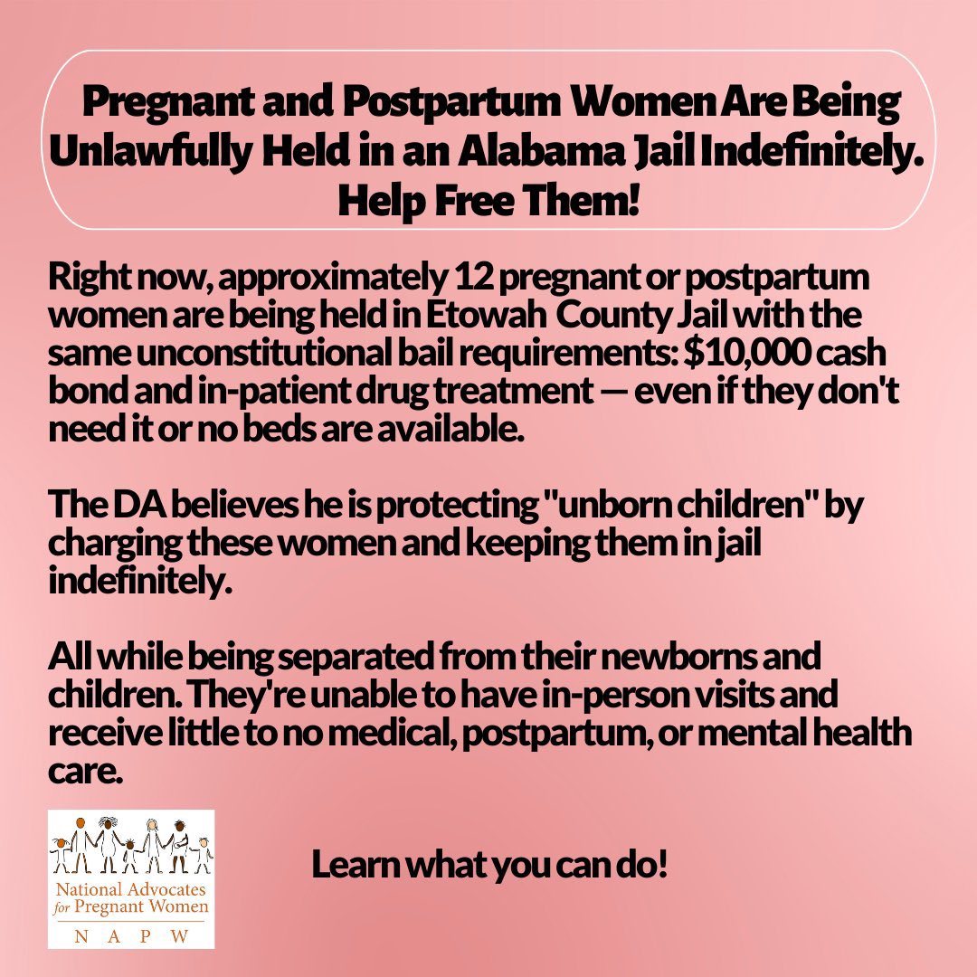 McMisoprostol's tweet photo. 🚨 URGENT ACTION NEEDED 🚨

~12 pregnant or postpartum people are being held indefinitely in an Alabama county jail with essentially no medical care to “protect the ‘unborn”

➡️ CALL to demand their release: 256-549-5362
➡️ GIVE to their @NAPW legal fund: https://t.co/QH2cxvqbFC https://t.co/N64sXu3rJF