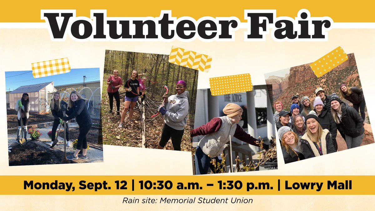 Come to the Volunteer Fair this coming Monday, September 12, from 10:30-1:30 at Lowry Mall! There will be tons of different organizations present from both on and off campus groups, so there is sure to be a volunteer opportunity for everyone! We can't wait to see you there!