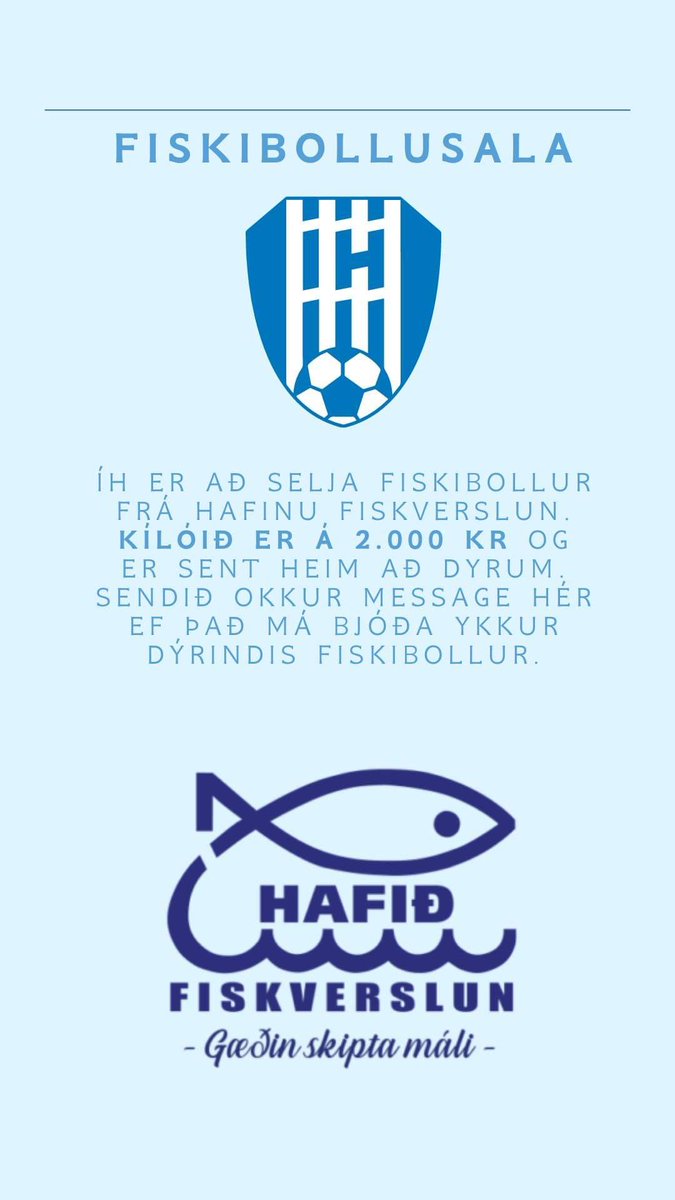 Kæra stuðningsfólk nær og fjær. 
ÍH er með fiskibollusölu í samstarfi við Hafið Fiskverslun. Kílóið á 2000kr.
Hægt er að panta í skilaboðum hér á Twitter eða hér í kommentum!