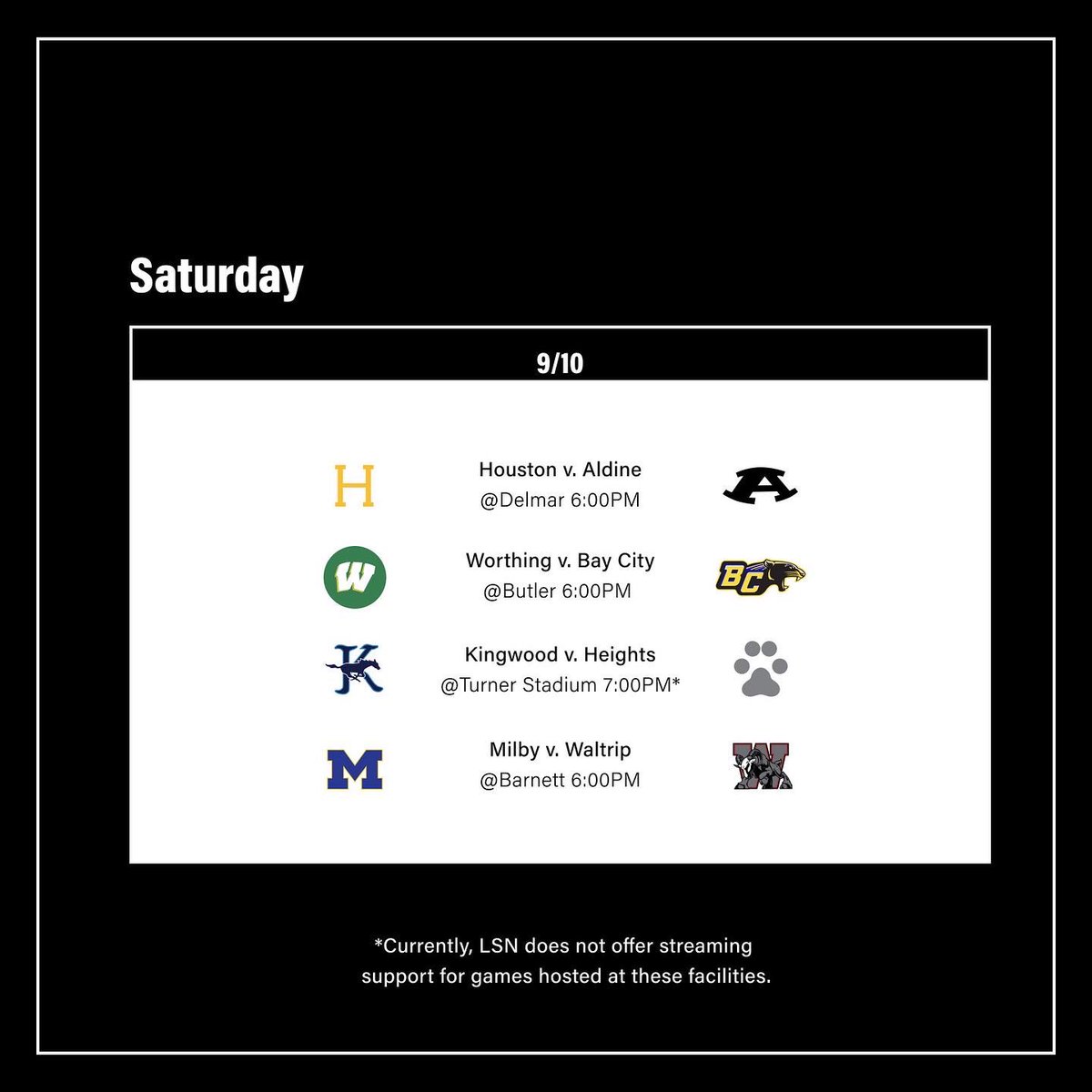 localsports_net's tweet photo. The People You Know. The Schools You Love.

On to week three! We can’t wait to see the type of energy these HISD football programs bring to the field on game day. 🏈

View it all on the LSN platform. Stream HISD games — live and on demand for free.

Create your free LSN account. https://t.co/KnOxYOBNPZ