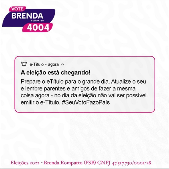 RompattoBrenda's tweet photo. A eleição está chegando!

Baixe o aplicativo do e-Título e atualize seu cadastro. No dia da eleição não será permitido emitir o seu e-Titulo.

Eleições 2022 - Brenda Rompatto (PSB) CNPJ 47.517.730/0001-28

#mulheresnapolitica #maringa #maismulheresnopoder #eleicoes2022 https://t.co/w3phF1KuQG