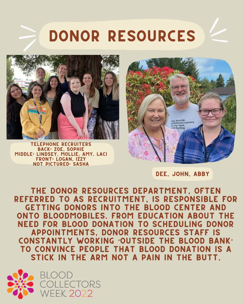 NCCBB's tweet photo. Meet our Donor Resources Department staff!
#BloodCollectorsWeek
#herosworkhere
#blooddonorssavelives https://t.co/p0ZHBVwgKH