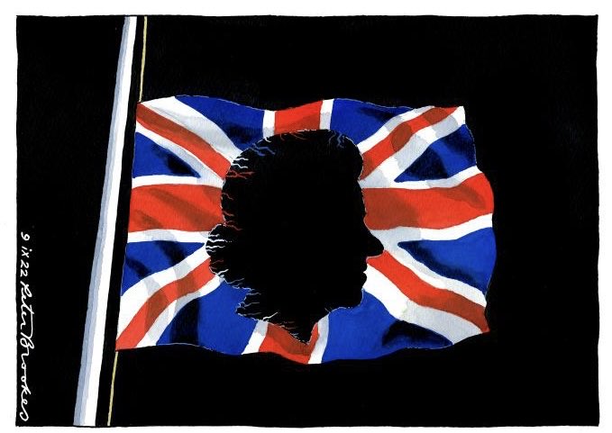 Peter Brookes on the death of #QueenElizabeth - political cartoon gallery in London original-political-cartoon.com