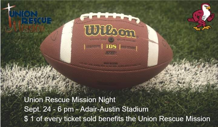 It's football season!  Friends U. is hosting a Union Rescue Mission night under the lights. They are donating $1 from each ticket to the Mission.  Come support Friends U. Falcons as they support changing men's lives! #talonsup