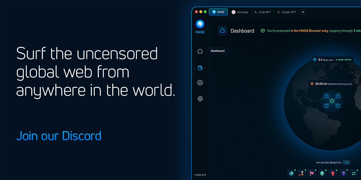 MASQ_ai's tweet photo. Privacy is a right. MASQ opens anonymous access to the uncensored global web from anywhere in the world. Join us on Discord and come have a chat: https://t.co/hjCH7sONRM
#web3 #privacy #vpn #dMeshVPN https://t.co/M6fAhfEfFO