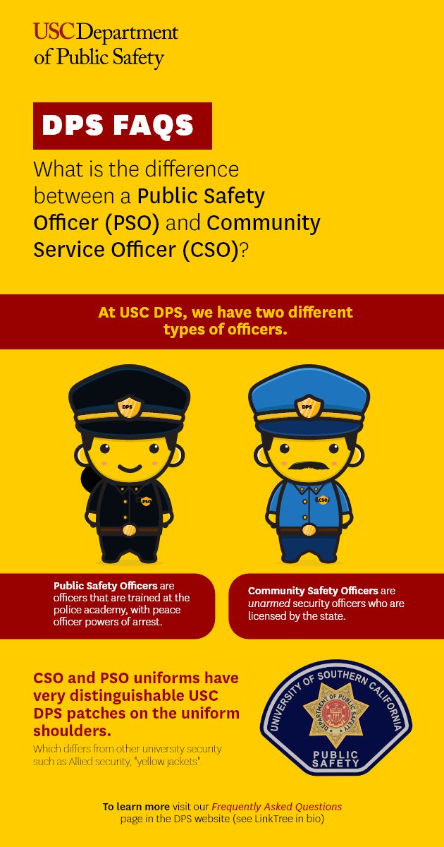 USCDPS's tweet photo. While all our officers ensure safety and service within the USC community, there are some important differences between Community Service Officers (CSO) and Public Safety Officers (PSO). We encourage you learn more our department visiting our website (see LinkTree in bio). https://t.co/IWo5hX0B7b