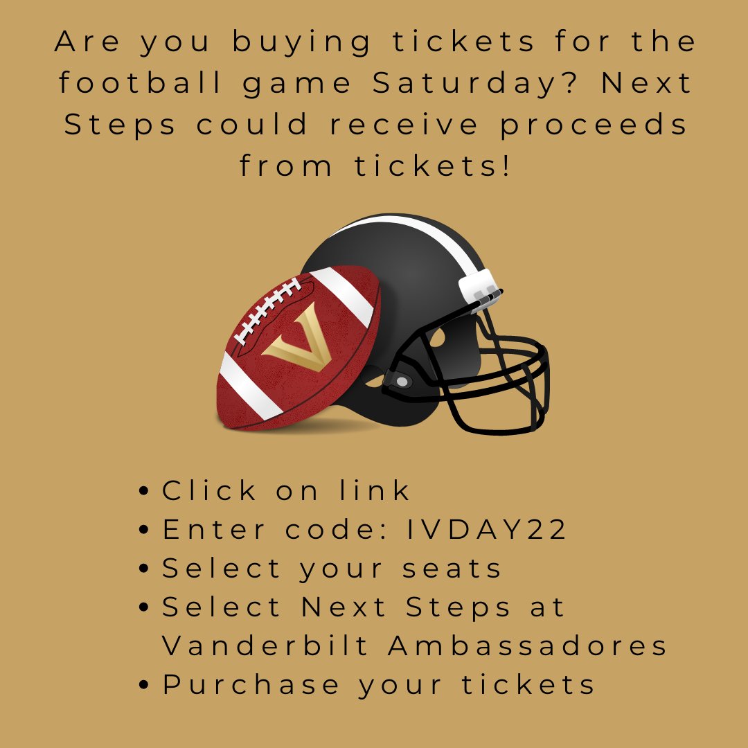 Are you planning to go to the Vanderbilt football game on Saturday? If you still need to buy tickets, you could help Next Steps raise some money! You can purchase tickets here: vucommodores.evenue.net/cgi-bin/ncomme…