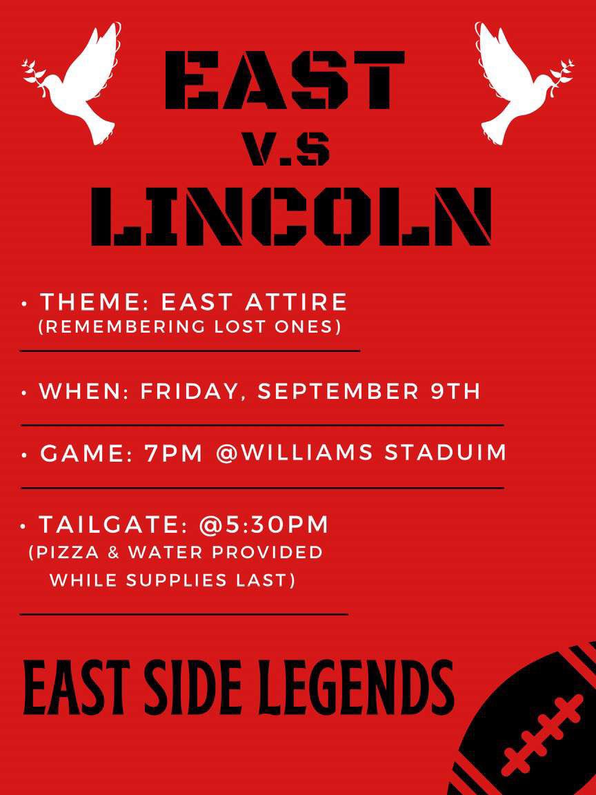 Big Game against Lincoln!! Wear black if you don’t have a East Side Legend shirt. Hope we see you there. 🕊❤️🖤🤍