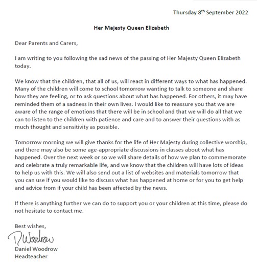 We know that the children will be experiencing a range of emotions in school tomorrow - please be assured that we understand and that we will support them with care and sensitivity. We will also celebrate Her Majesty's life in assembly, as this letter explains.
#QueenElizabeth