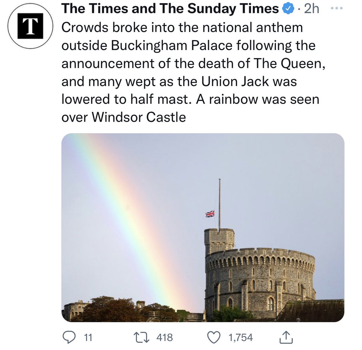 annaellis_net's tweet photo. Queen Elizabeth II gets to heaven. Her first question to God: “How are my subjects coping?”

“Don’t worry”, God replies, “I’ve sent them rainbows for remembrance.” https://t.co/jekpggKdwN