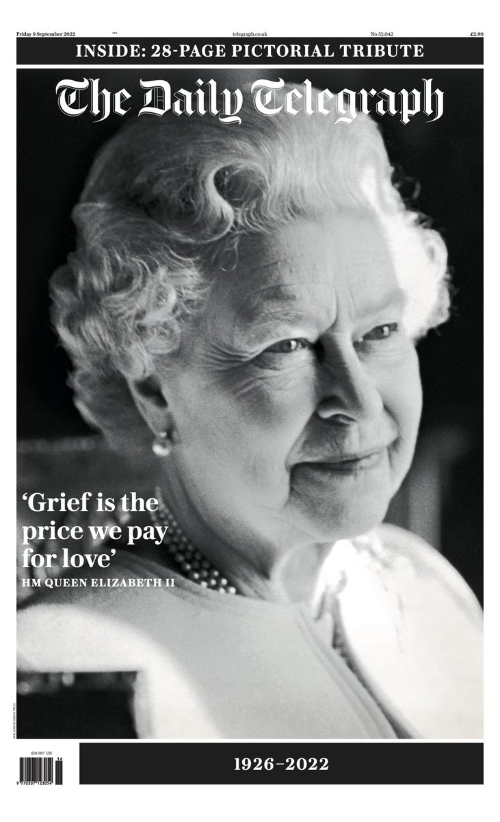 The front page of tomorrow's Daily Telegraph:

'Grief is the price we pay for love' - HM Queen Elizabeth II

telegraph.co.uk/obituaries/her…