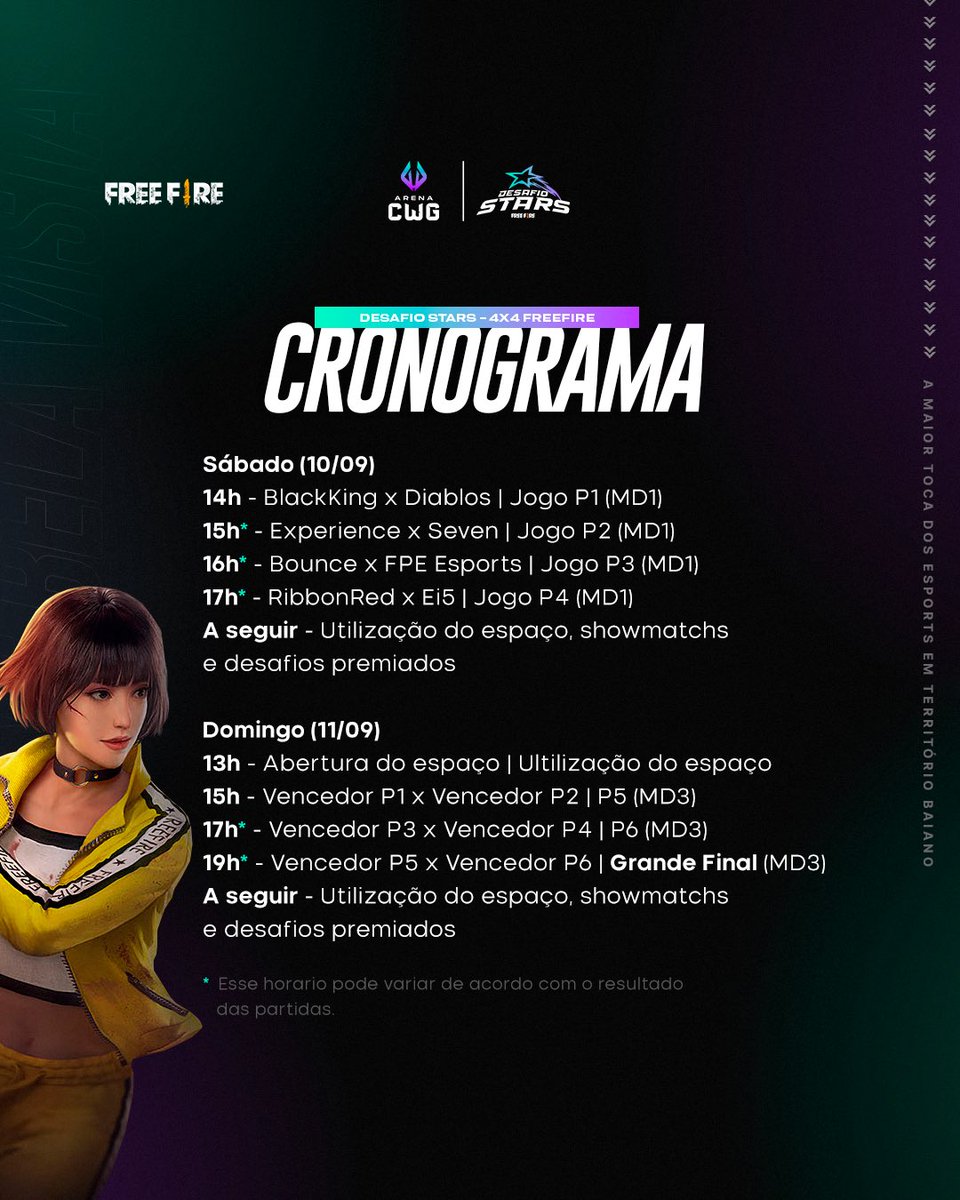 O DESAFIO STARS ESTÁ DE VOLTA!

O seu final de semana será marcado com espetáculo de equipes baianas disputando 4x4 de Freefire, iremos com contar com equipes que já teve passagem na LBFF Serie B e C. 🔥🔥

Fique ligado no nosso cronograma ⏱️

(+)