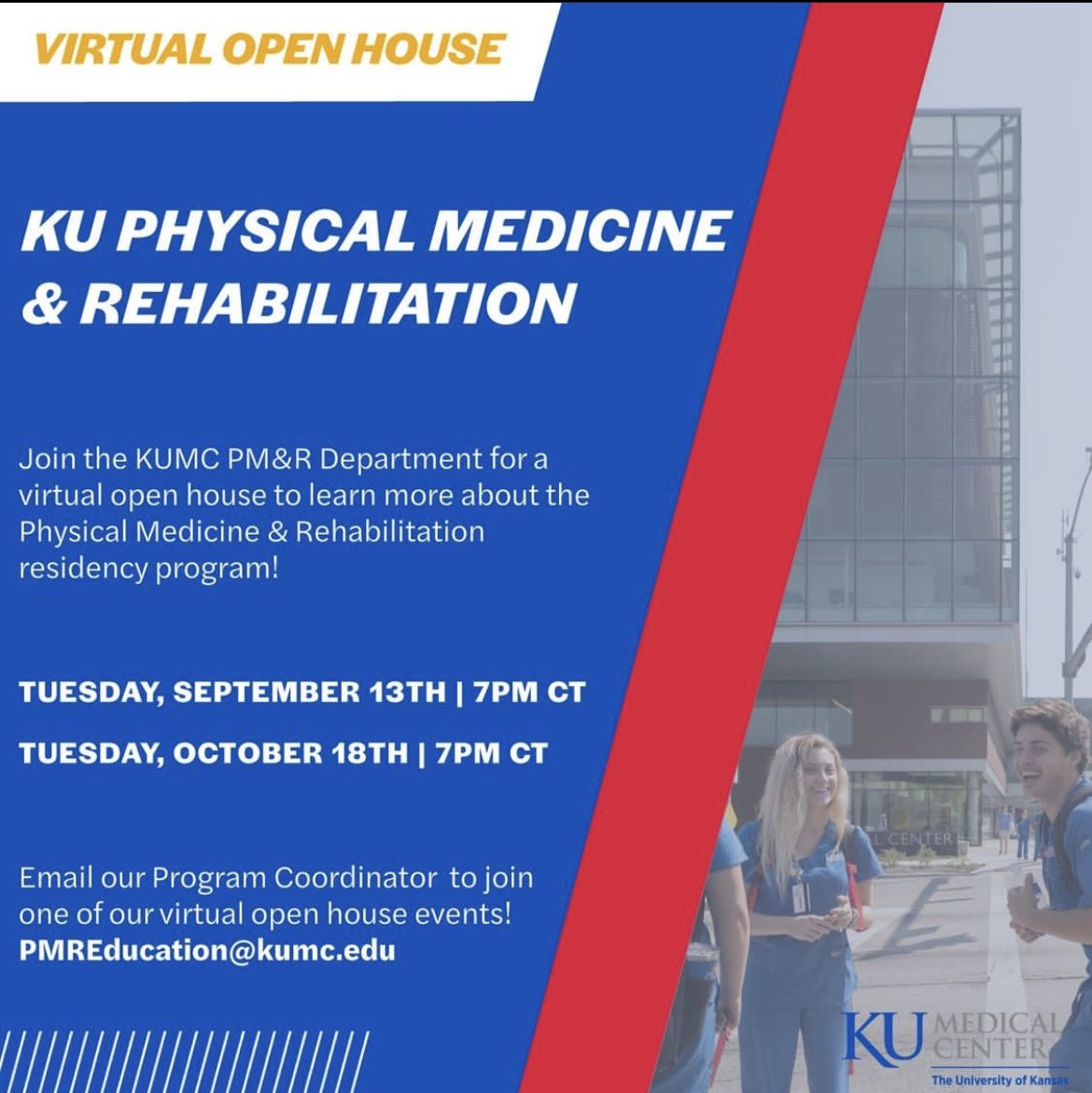 Hello Students interested in PM&amp;R, 
 
We would like to invite you to sign up for our Virtual Open House

September 13th, 7pm CST
October 18th, 7pm CST 
 
Click here to sign up/RSVP and get the zoom link: 
forms.gle/TWwY8WGATD8Puf…
 
We look forward meeting you!