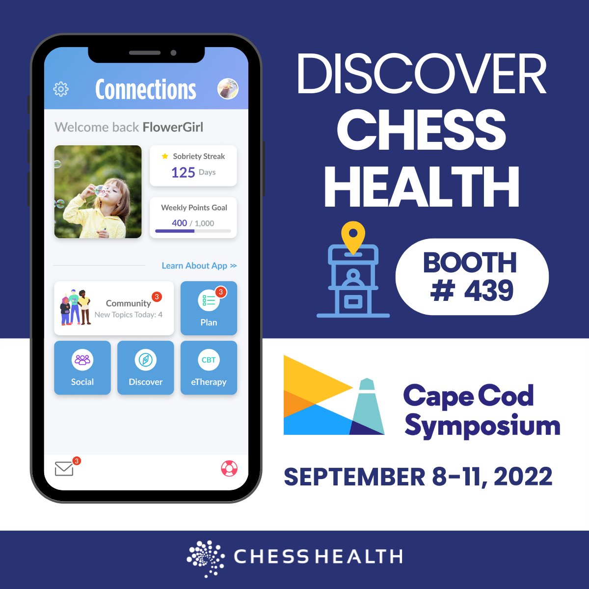 CHESSmh's tweet image. We're excited to be at the 35th Annual #CapeCodSymposium22! Stop by booth #439 and discover #CHESSHealth 💙 #RecoveryApp #PeerSupport #24x7
