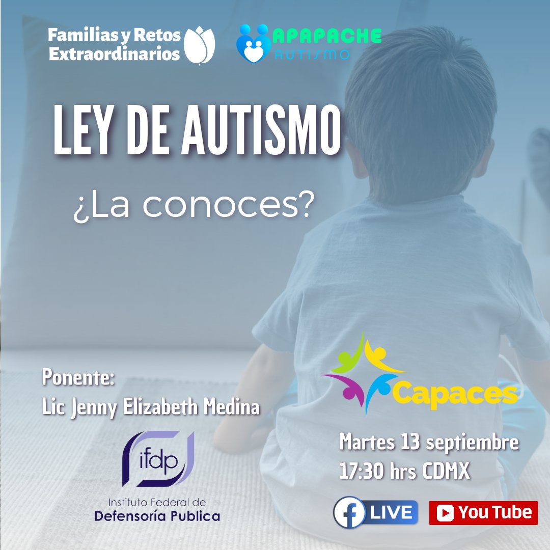 🔥 ¿CONOCES LA LEY DE AUTISMO? 
 ¿Sabes en qué consiste? ¿En qué beneficia a las personas con autismo? ¿Cómo exigir su aplicación? ¡Aprendamos juntas! 

🗓 Martes 13 de Septiembre 
🕠 17:30 hrs 
👩🏽‍💻 Ponente: Lic Jenny Elizabeth Medina del <a href="/defensoriaifdp/">Instituto Federal de Defensoría Pública</a>
¡No faltes!
#Capaces #TEA